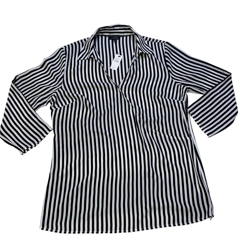 Talbots Women's Black & White Striped Faux Wrap Collared Blouse Shirt - Small